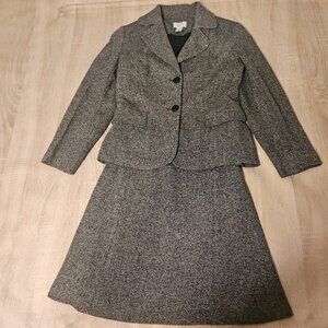 Ann Taylor Loft Size 0 Black Chevron Suit Set Blazer & Skirt Wool/ Silk Blend